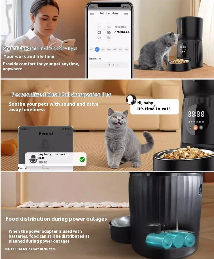 Black and white intelligent pet feeder with automatic timing and quantitative remote control via smartphone app