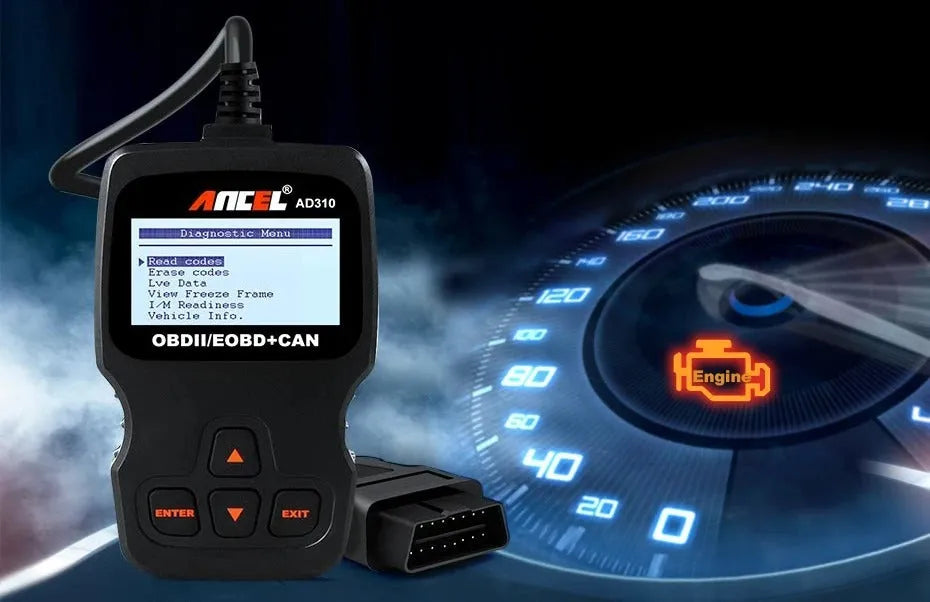 Black universal OBD2 car diagnostic scanner with engine fault detection capability