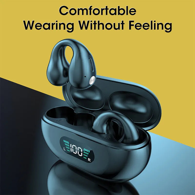 Bone conduction headphones ear clip TWS earbuds Bluetooth 5.3 touch control black colour