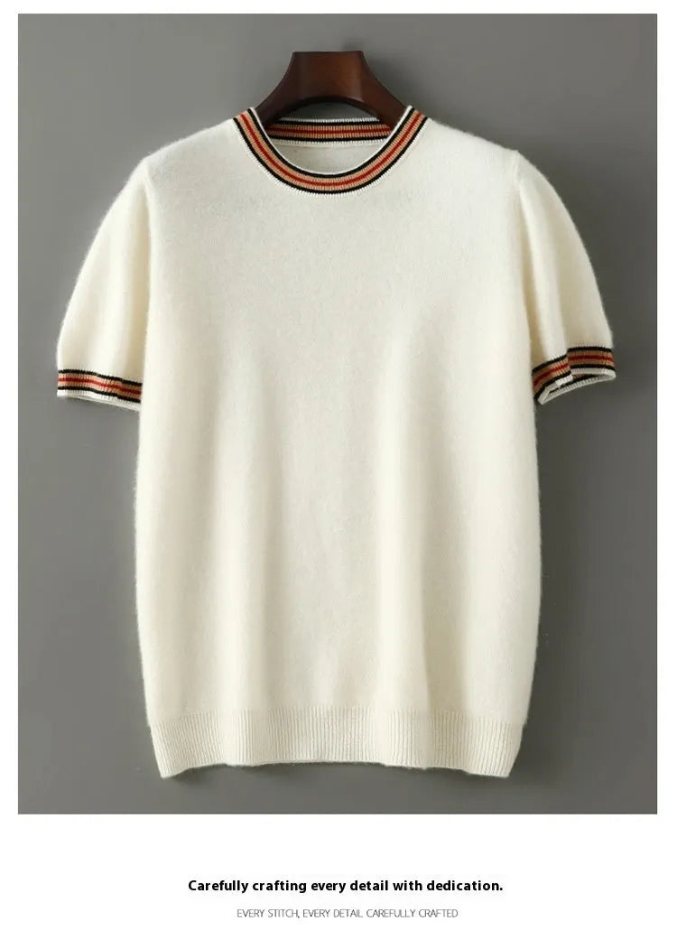 Men's grey pure wool short sleeve round neck sweater on hanger