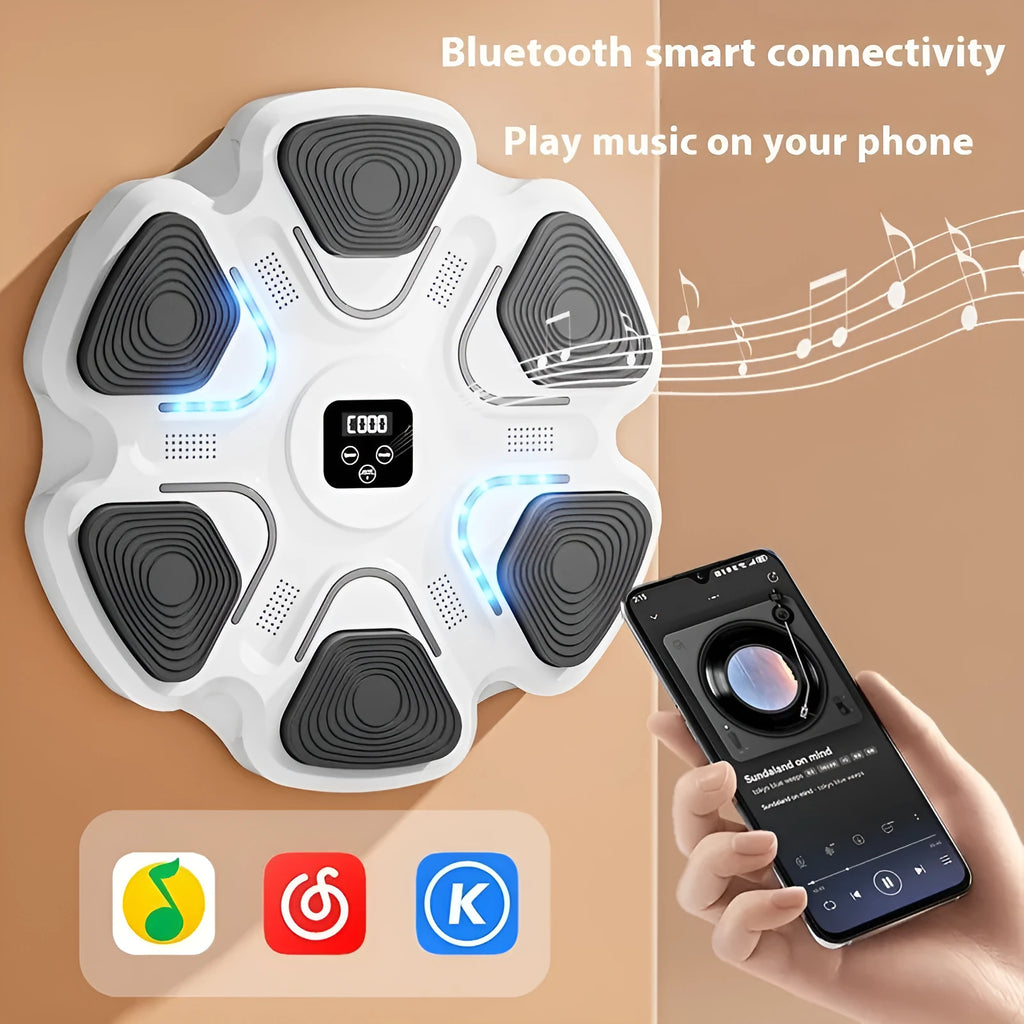 Smart electronic music boxing reaction training target wall unit with gloves, shown in white finish.