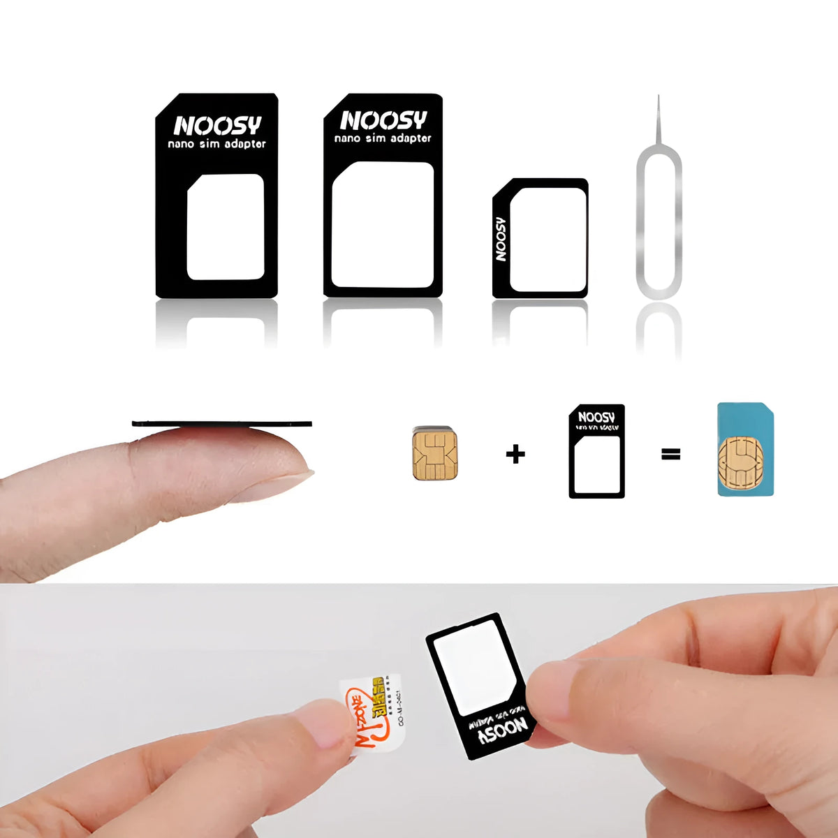 SIM restore four-in-one set with black Nano to Standard adapter and picking pin on white background