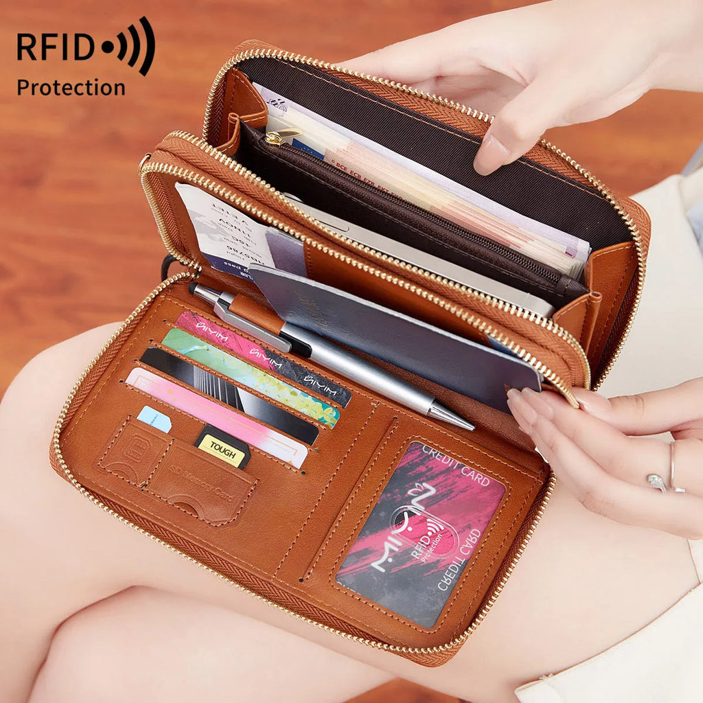 RFID multi-functional double zipper crossbody wallet in black with letter and stitching design