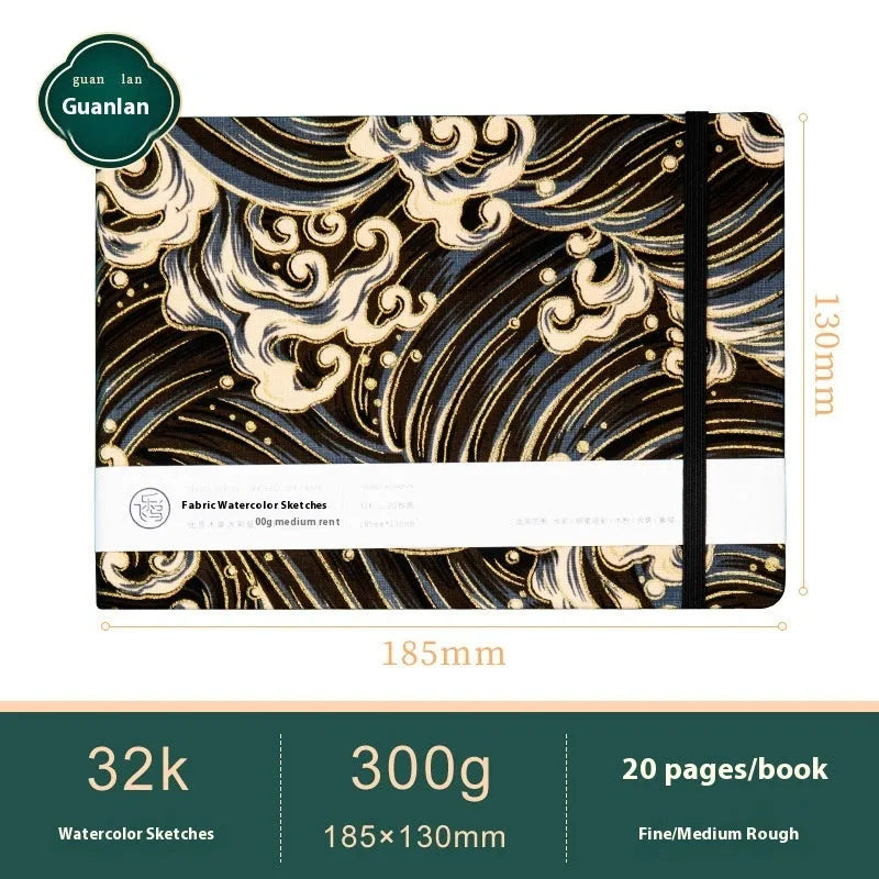 Feiluniao handmade fabric watercolour notebook with illustrated cover, open to show blank paper pages.