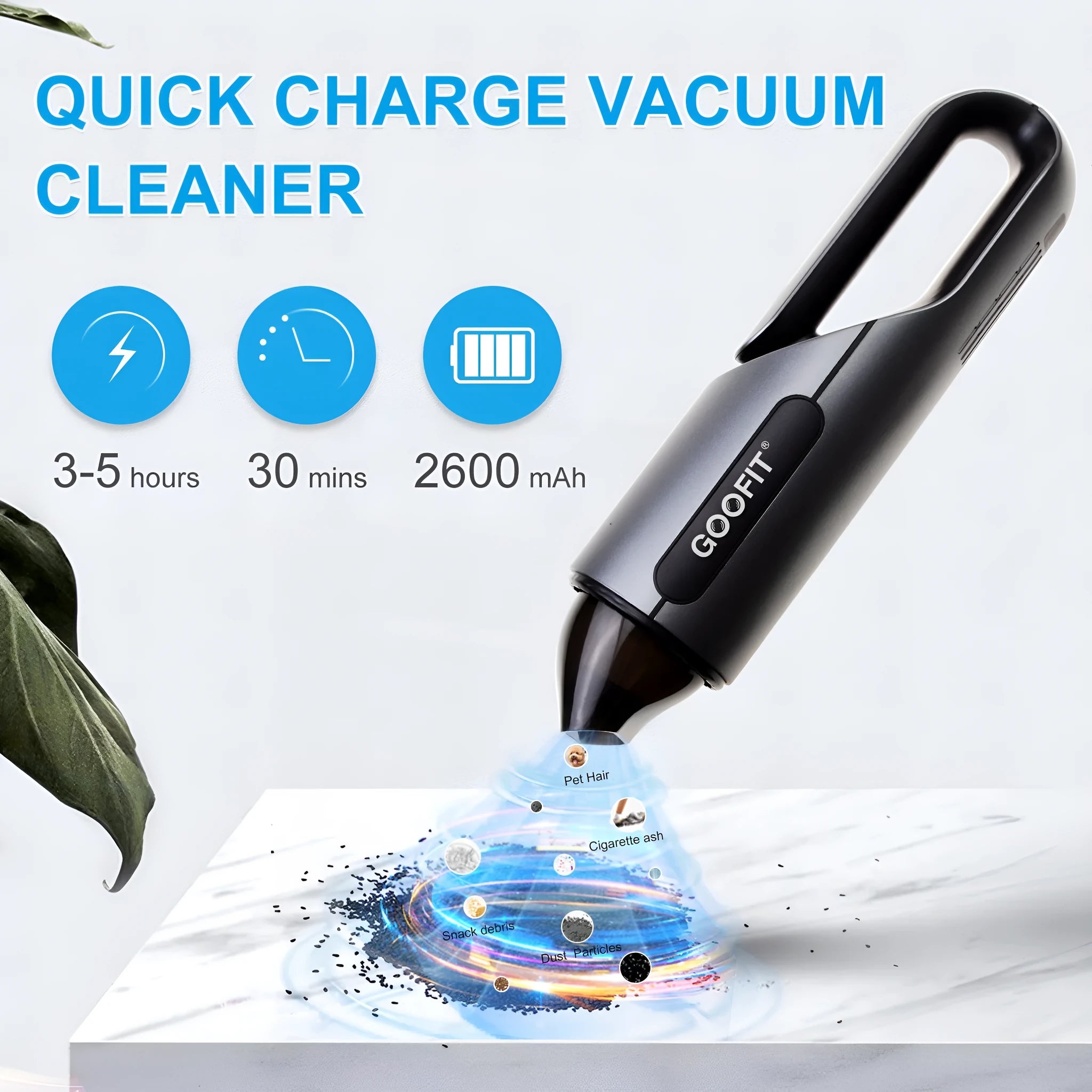 Black portable wireless car vacuum cleaner with brush attachment on vehicle seat