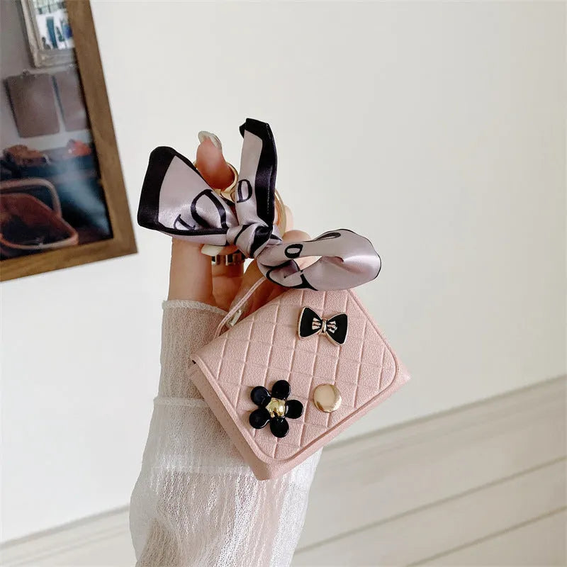 Korean Style Silk Scarf Earphone Bag for AirPods, Pink Faux Leather DIY Soft Shell Case