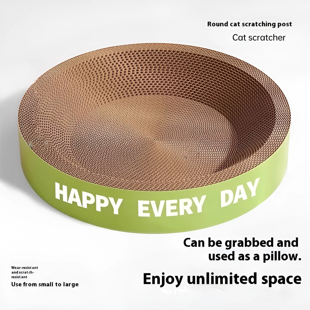 Green round cat nest bed with sisal rope scratching surface and central fabric bed in 50cm size.