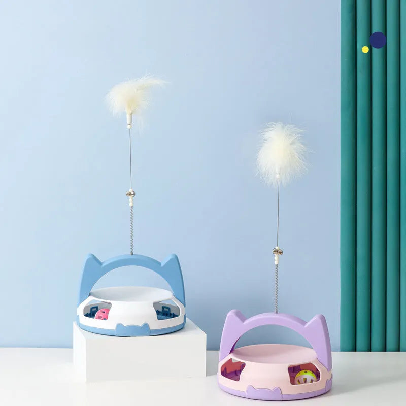 Blue cat play wand with a long handle and a spinning ball attachment for interactive pet play.
