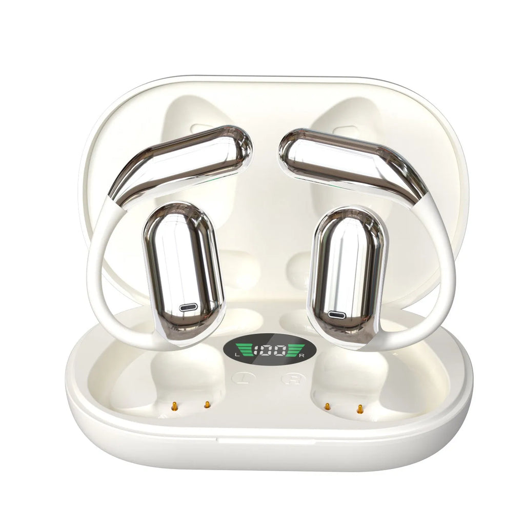 LED display ear-mounted OWS Bluetooth headset in gray with digital battery indicator and ear hook design