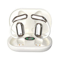 LED display ear-mounted OWS Bluetooth headset in gray with digital battery indicator and ear hook design