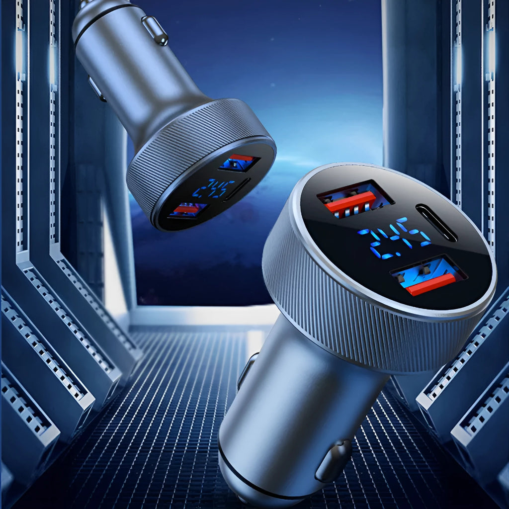 Black and iron grey aluminium alloy car charger with digital display plugged into a vehicle cigarette lighter