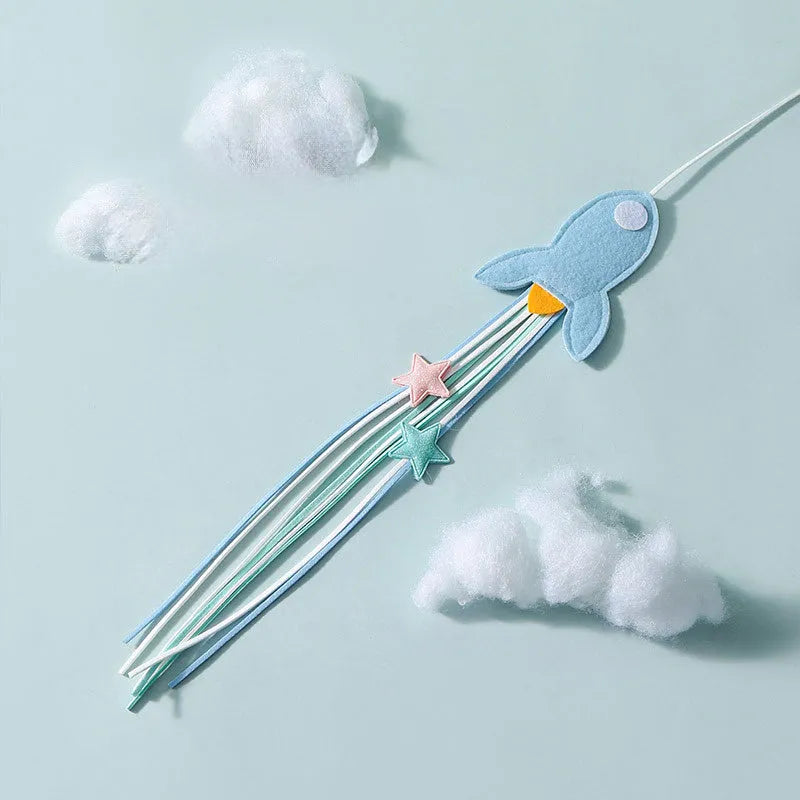 Adjustable cat teaser wand with telescopic pole extended to show feather attachments and inflatable ego component