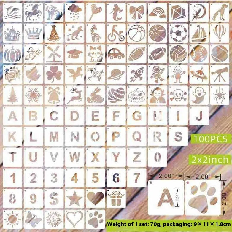 100 pieces of 2-inch milky white PET film spray painting templates showing floral, animal, and letter designs