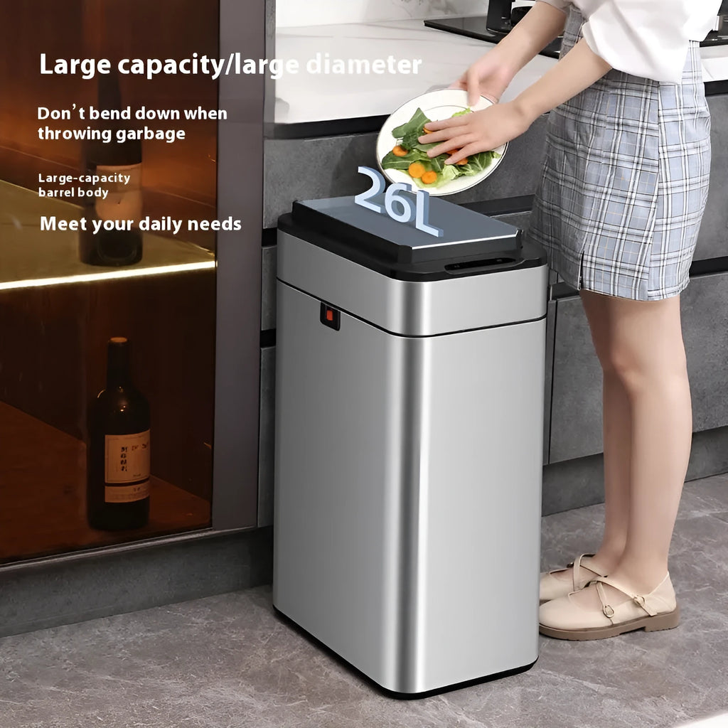 Inductive ashbin smart trash can in stainless steel with motion sensor lid and deodorant feature, square bucket shape