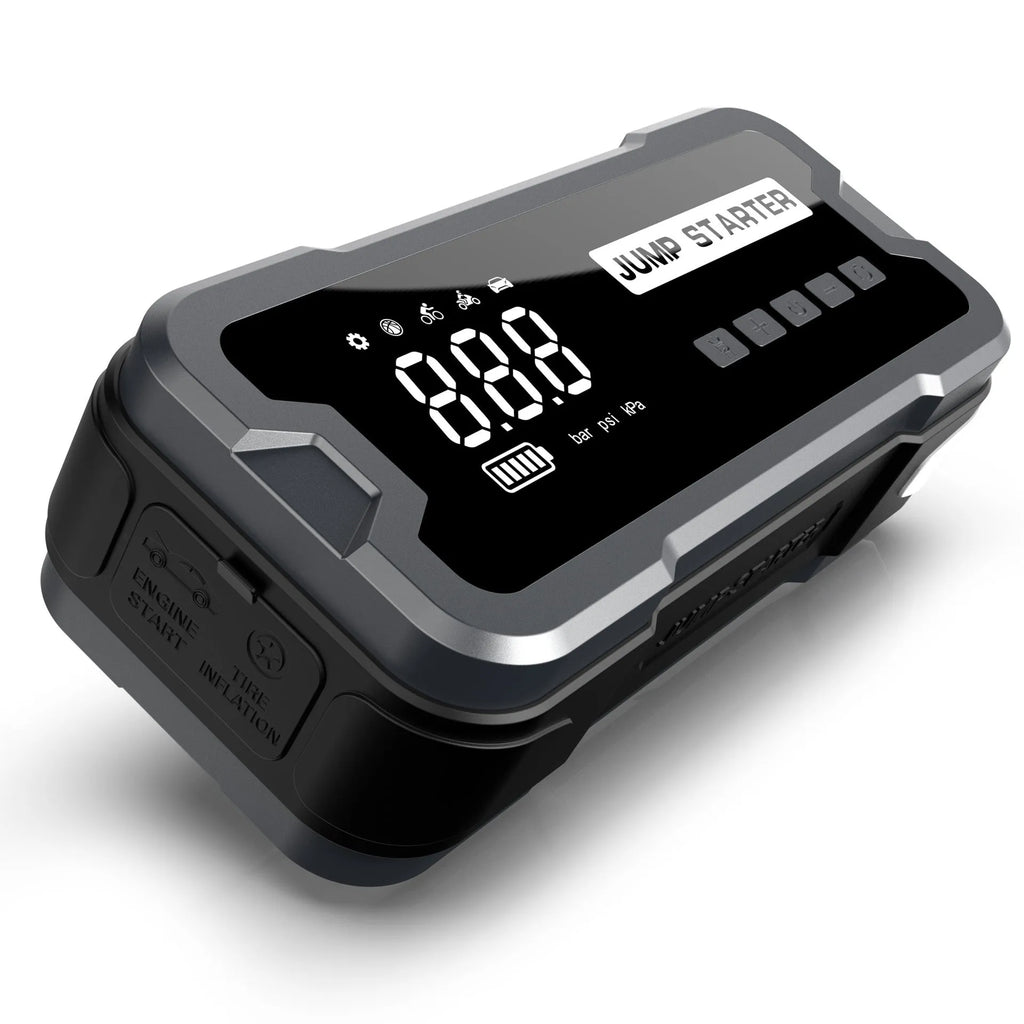 CY53 model black automotive jump starter power bank with built-in air compressor, LCD screen, and LED lights