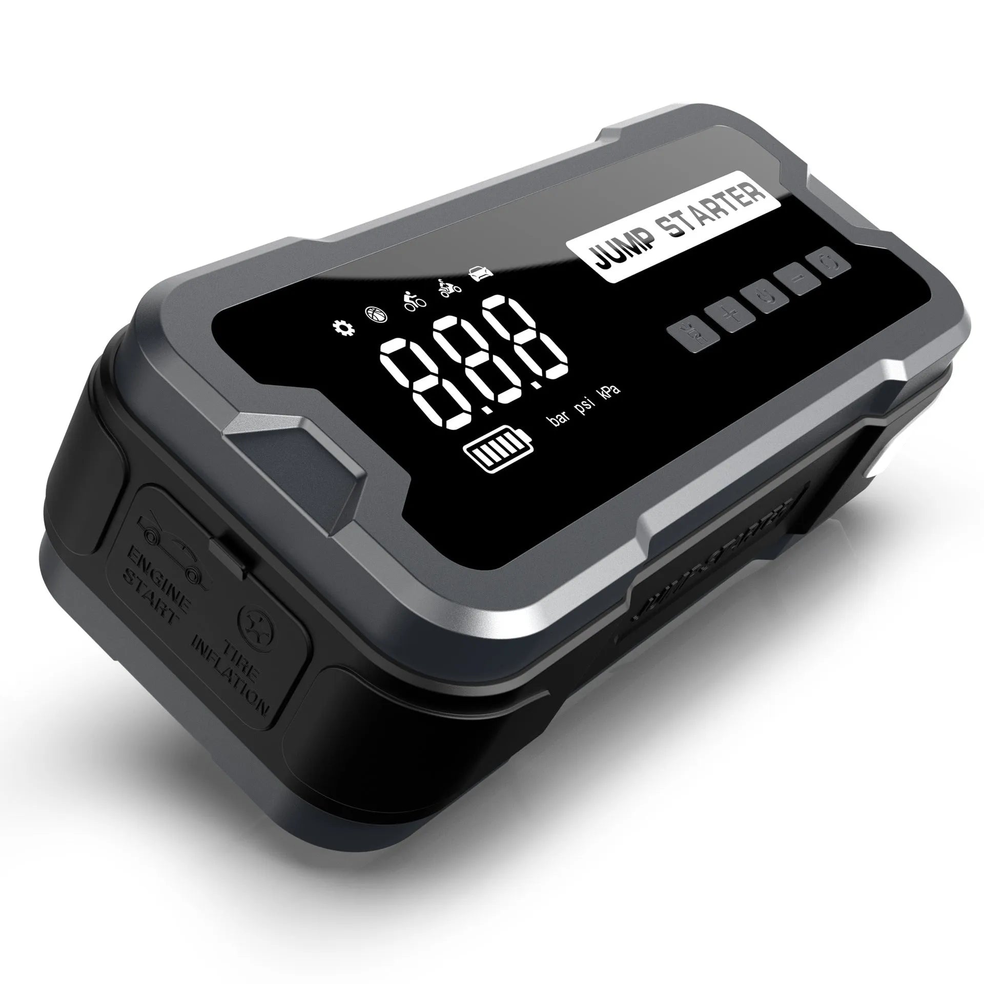 CY53 model black automotive jump starter power bank with built-in air compressor, LCD screen, and LED lights