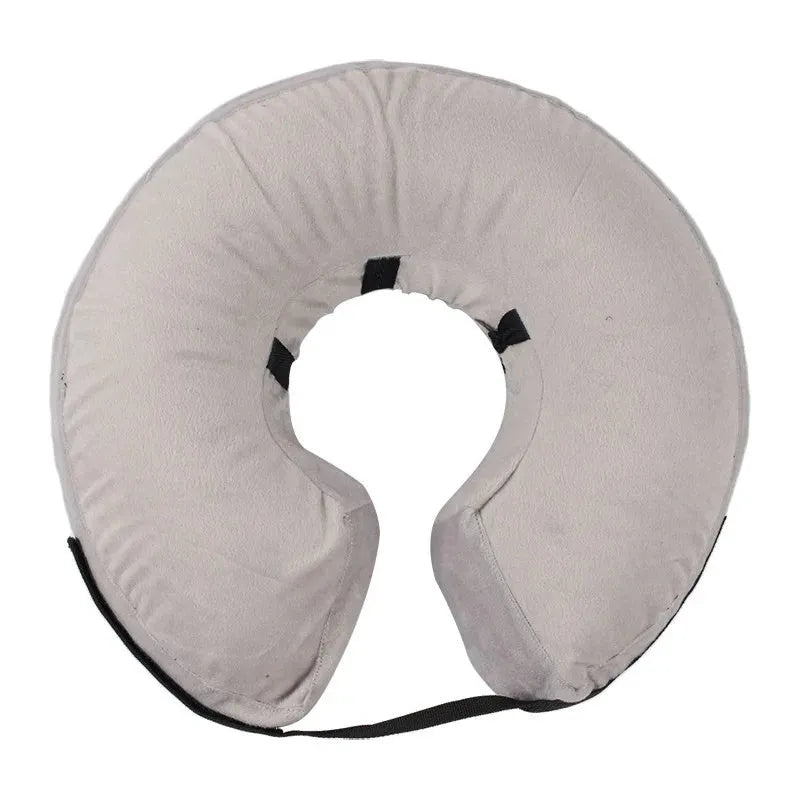 Blue soft inflatable dog recovery collar fastened around a dog's neck as an alternative to a plastic cone.