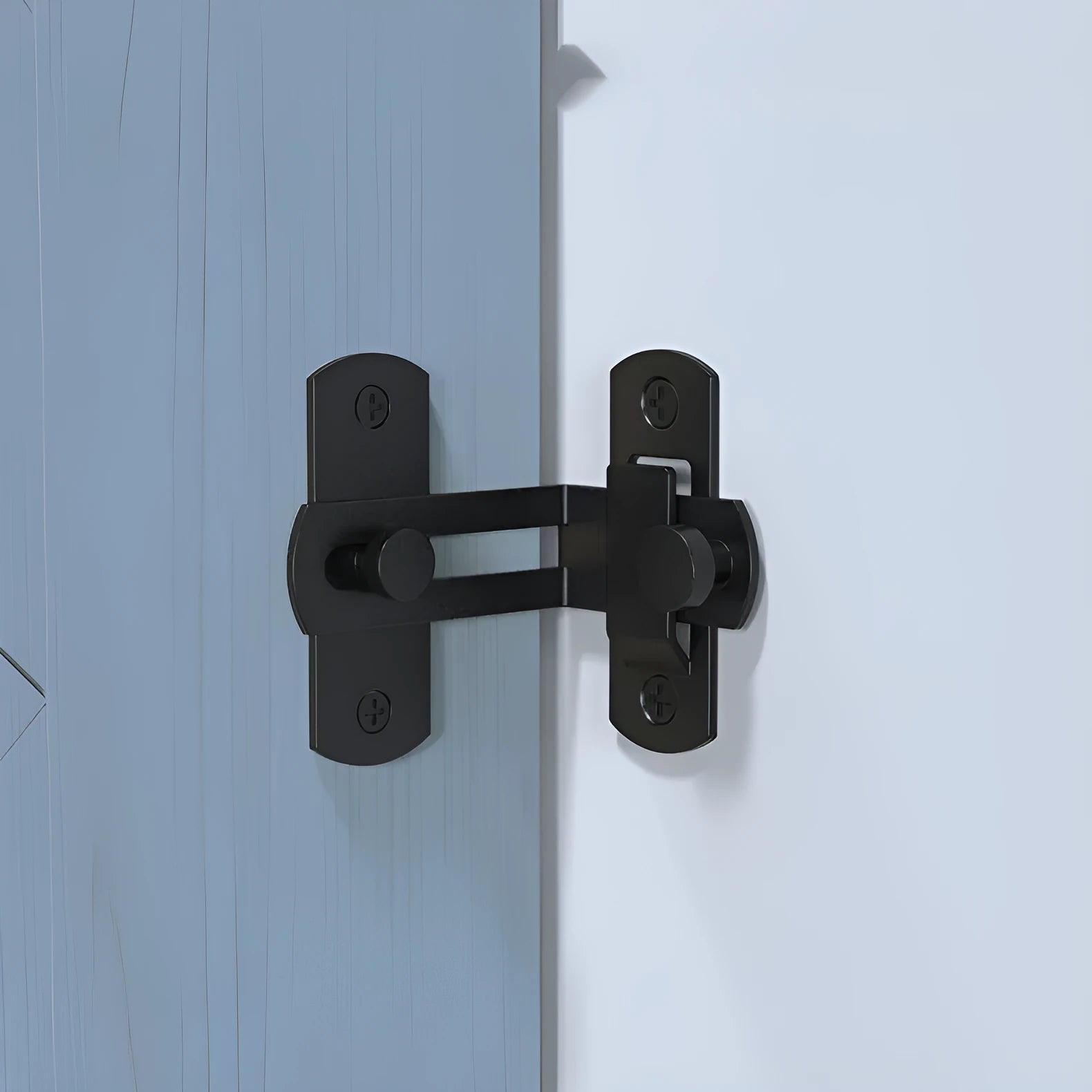 Black warehouse hook lock with 90-degree carbon steel hasp and stainless steel shackle for sliding doors.