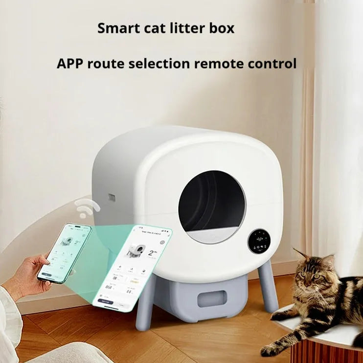 White automatic self-cleaning cat litter box with a large interior and separate waste drawer.
