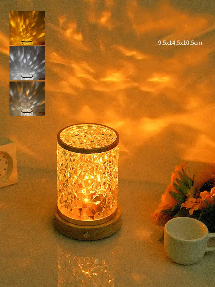 Rotating water ripple small night light with acrylic dome on solid wood base for bedroom use