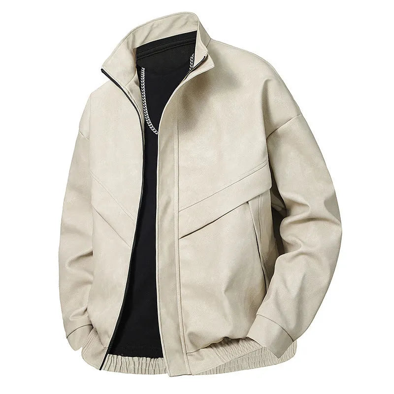 Men's slim fit PU leather coat in Black Gray, straight hem, side pockets, spring autumn casual wear