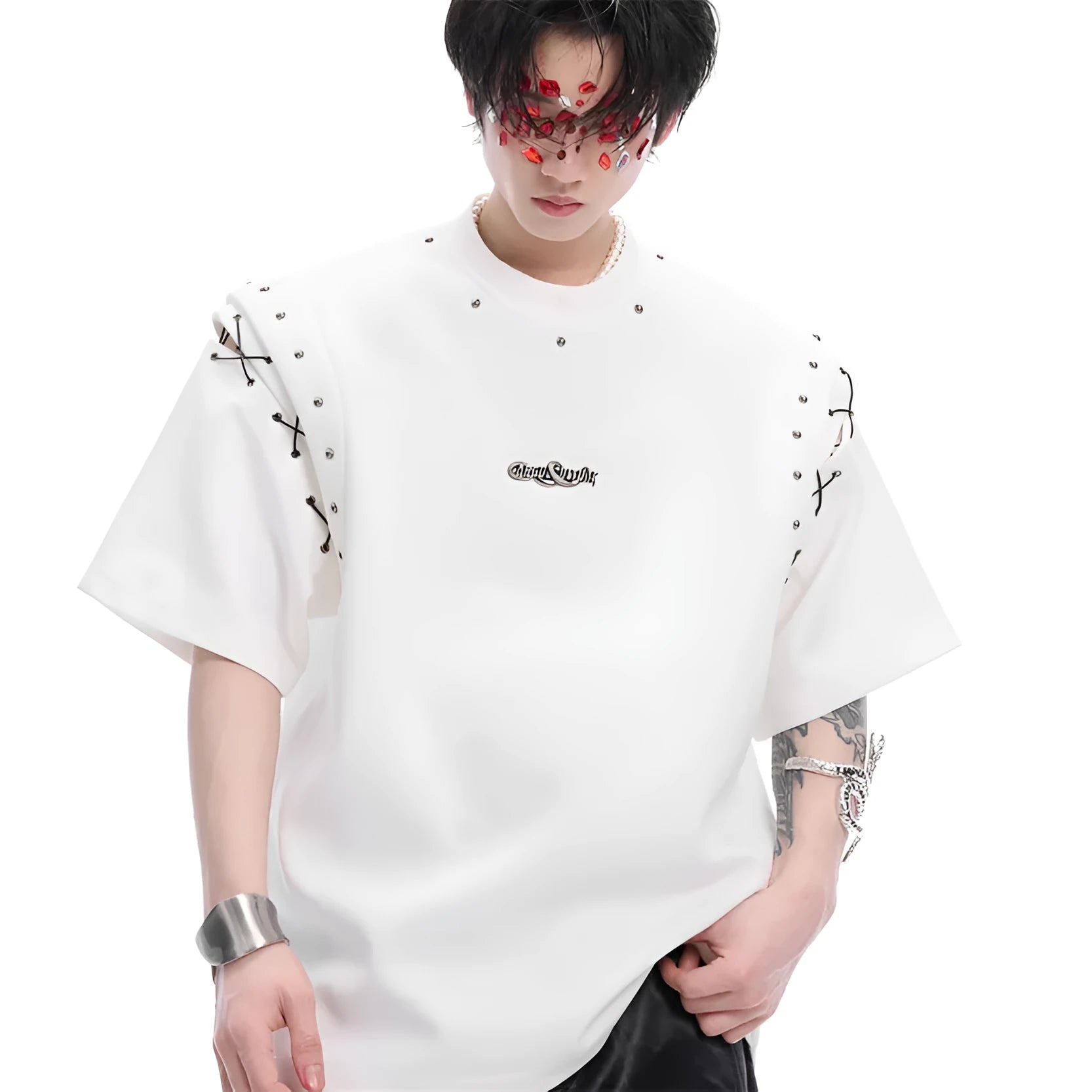 Women's black deconstruction t-shirt with a front lace-up cutout detail and short sleeves.