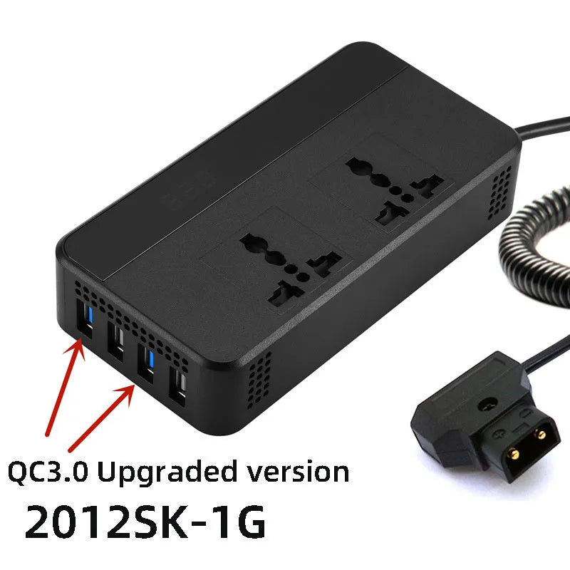 Black PC fireproof housing car power inverter with 220V AC socket and USB port, dimensions 149x74x35mm