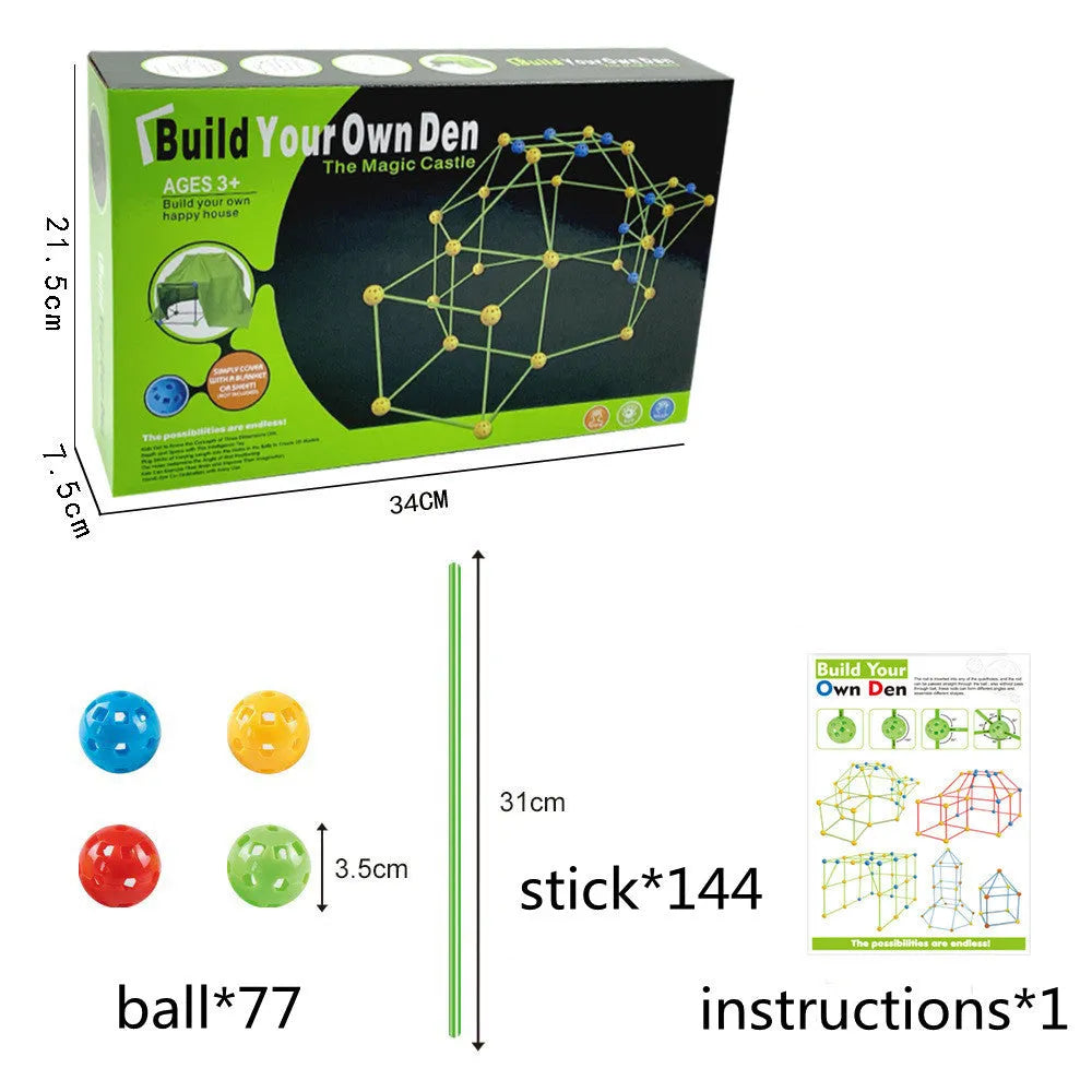 Luminous plastic fort building kit for kids with glowing sticks, balls, and fabric tent