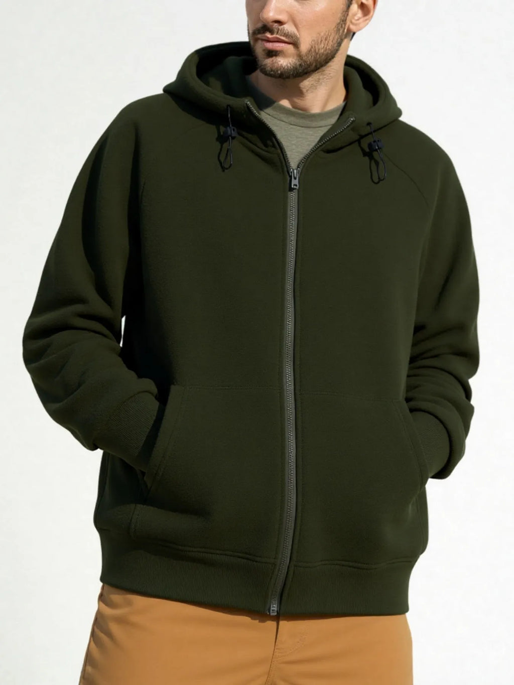 Solid colour full zipper hooded jacket for men in brown, polyester fibre long sleeve casual sweater