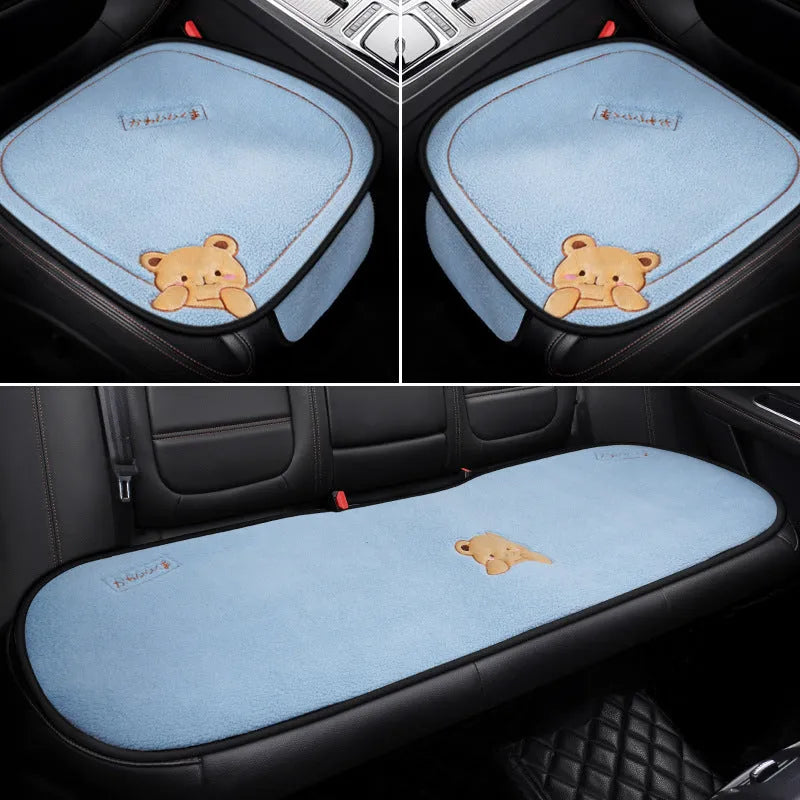 Car cushion winter plush three-piece set with square cushion and lumbar support pillow in trendy bear design