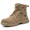 Khaki suede high-top safety combat boots with steel toe cap and front lace-up closure.