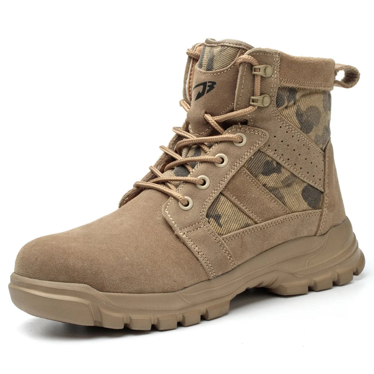 Khaki suede high-top safety combat boots with steel toe cap and front lace-up closure.