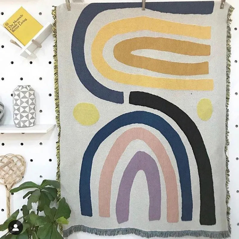 Bohemian rainbow geometric pattern blanket tapestry made of polyester cotton in modern simple style