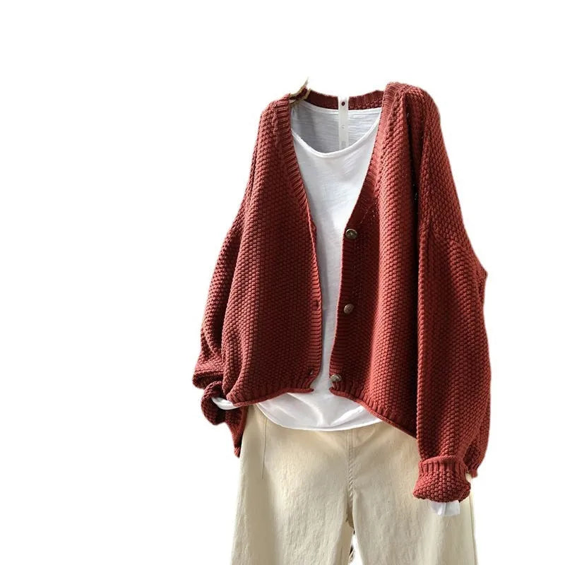 Women's solid colour cardigan thick blended wool acrylic long sleeve loose fit 50cm length beige