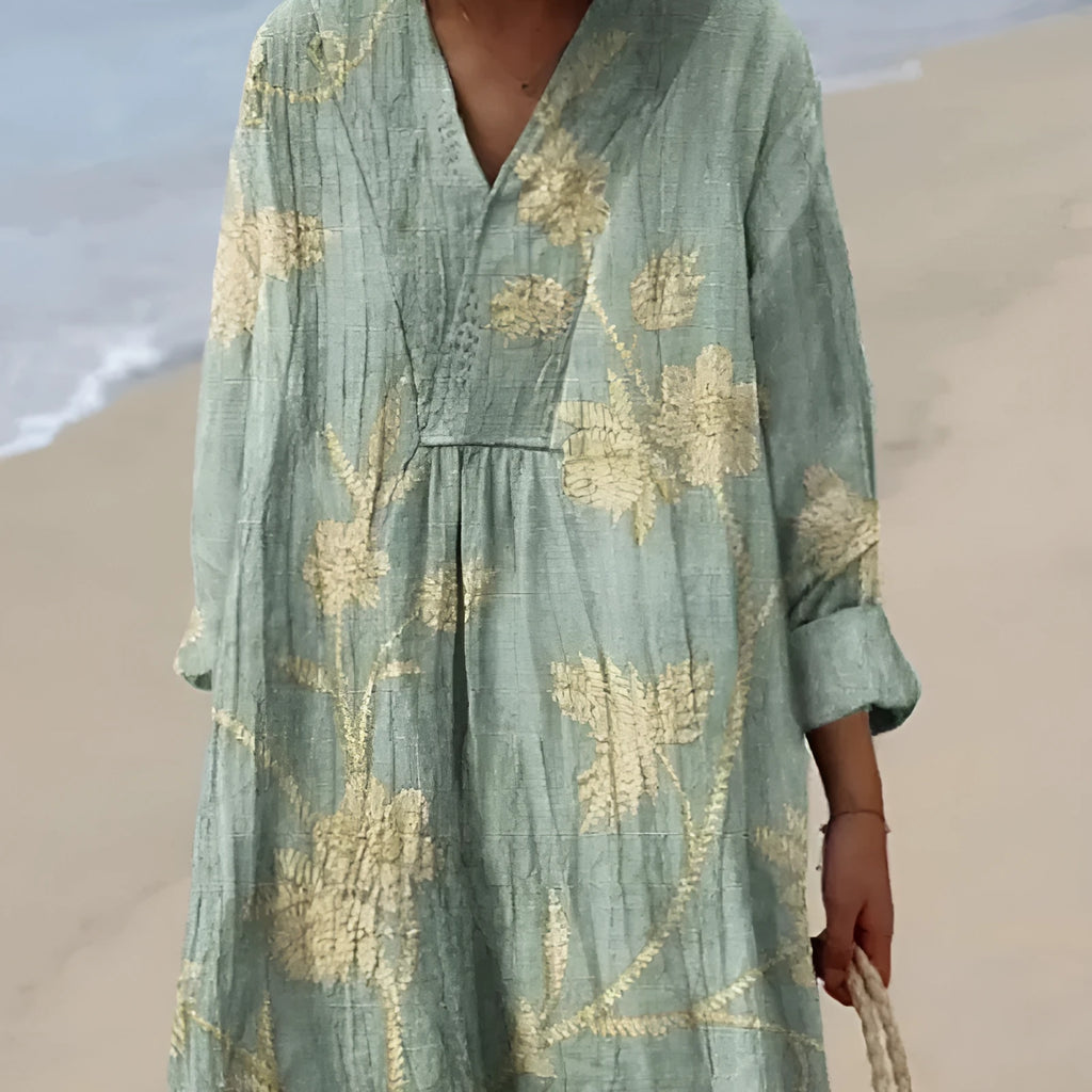 Floral 3D printed casual shirt dress in princess style with long skirt
