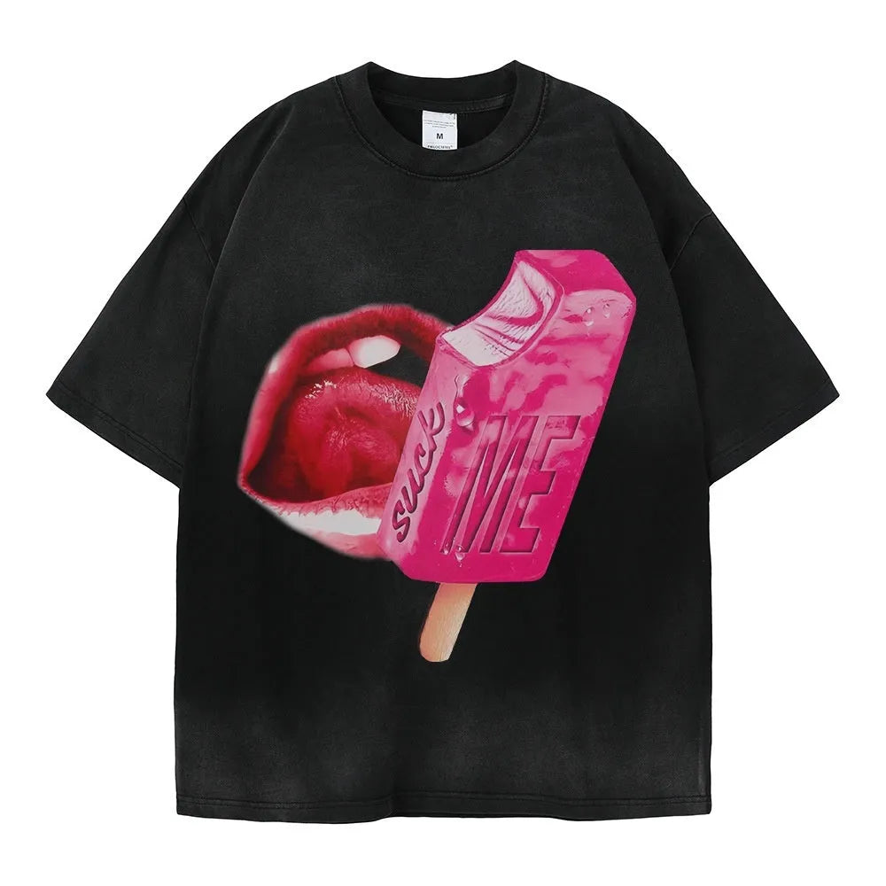 Heavy washed cotton street t-shirt with cartoon pattern in loose fit on mannequin
