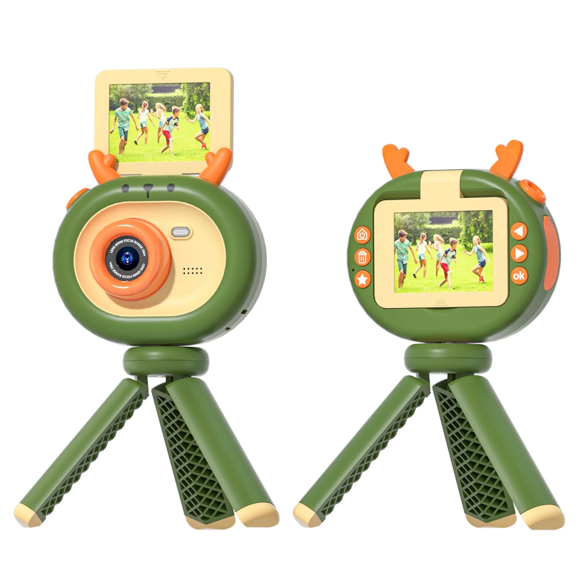 Purple and dark green children's digital camera with flip screen, silicone case, and USB cable