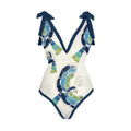 French retro one-piece backless swimsuit with matching gauze skirt in blue or pink colours