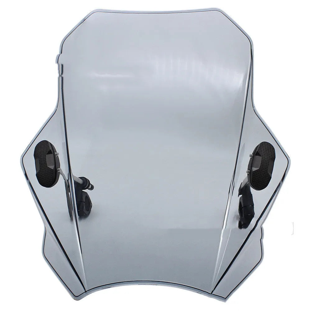 Universal motorcycle windshield made of ABS plastic in smoke colour, fitted on handlebars