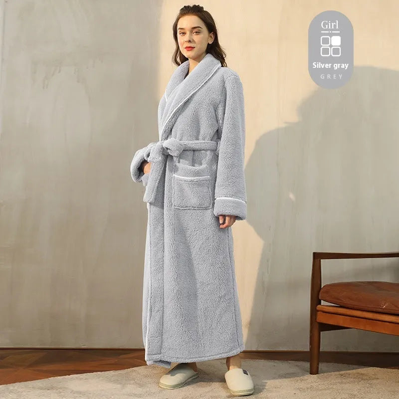 Super thick flannel couple's bathrobe in navy blue, shown on a hanger.