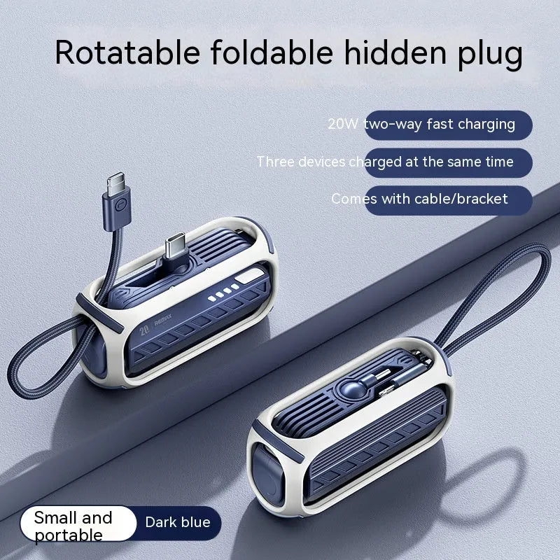 Capsule 20W 5000mAh mini power bank with folding bracket and built-in Type-C and Lightning cables in grey