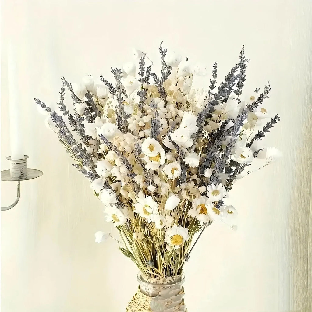 Lavender dried flowers bouquet 43cm in white colour on a table as home decor ornament