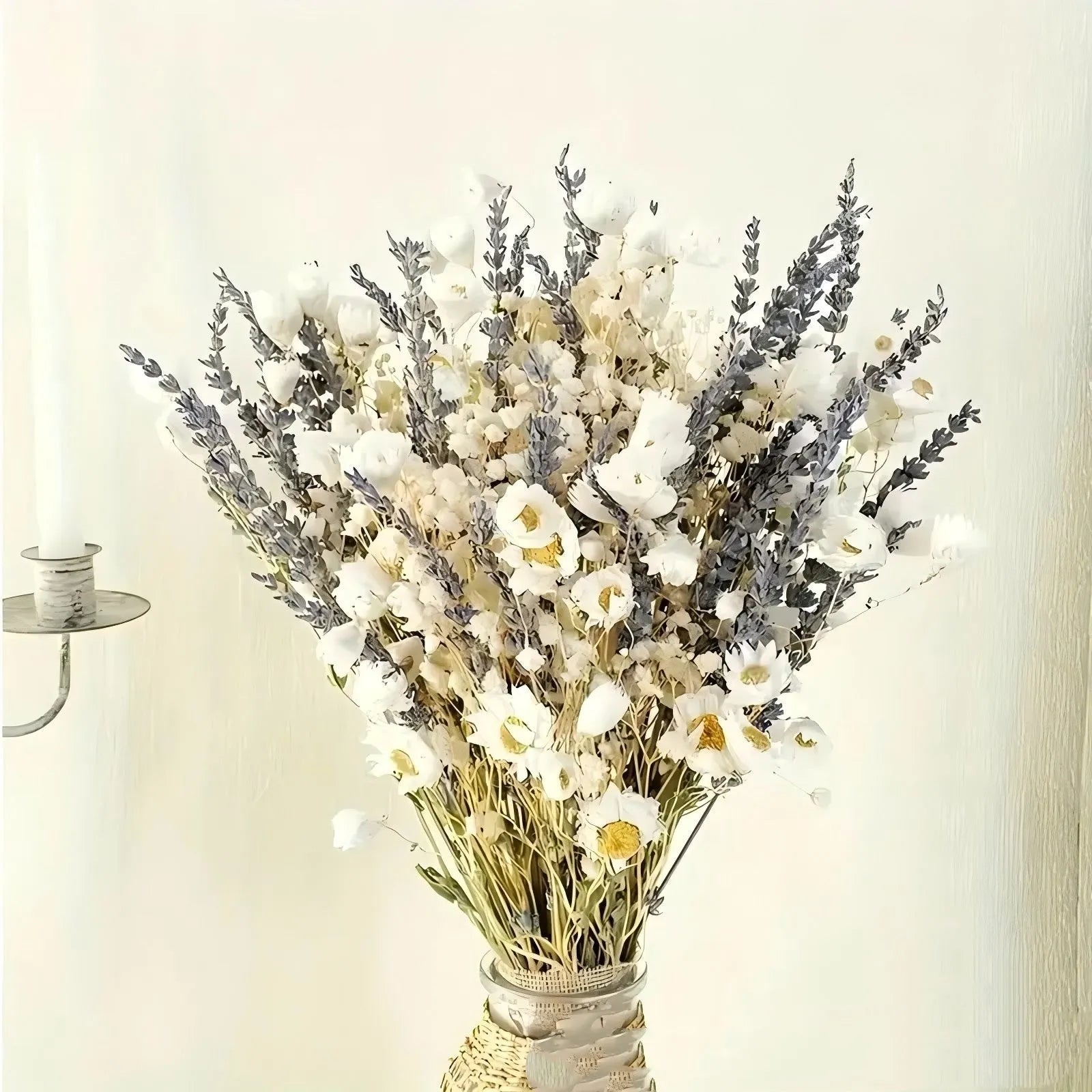 Lavender dried flowers bouquet 43cm in white colour on a table as home decor ornament