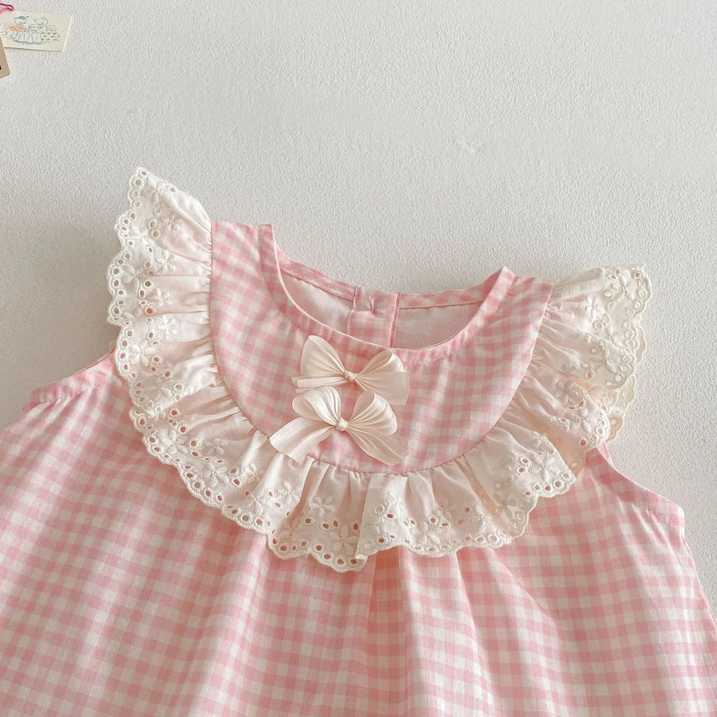 Girls cherry pink plaid bowknot shirt and wide leg pants two-piece set on child