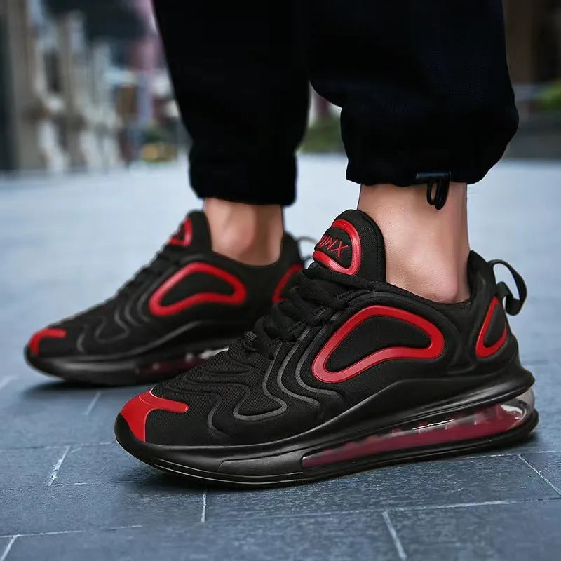 Men's black casual sports shoes with air cushion sole and lace-up design