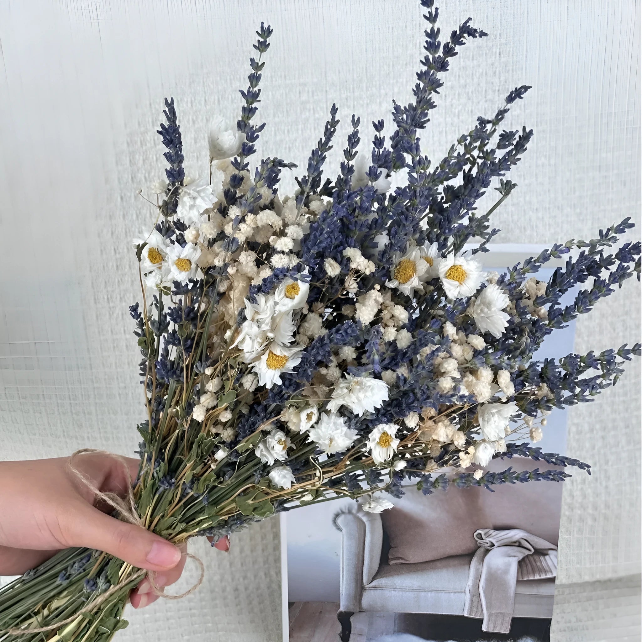 Lavender dried flowers bouquet 43cm in white colour on a table as home decor ornament