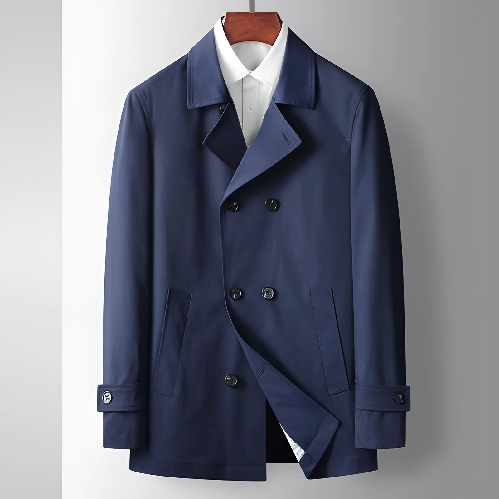 Men's light luxury double-breasted trench coat in blue, slim fit, lapel collar for casual wear