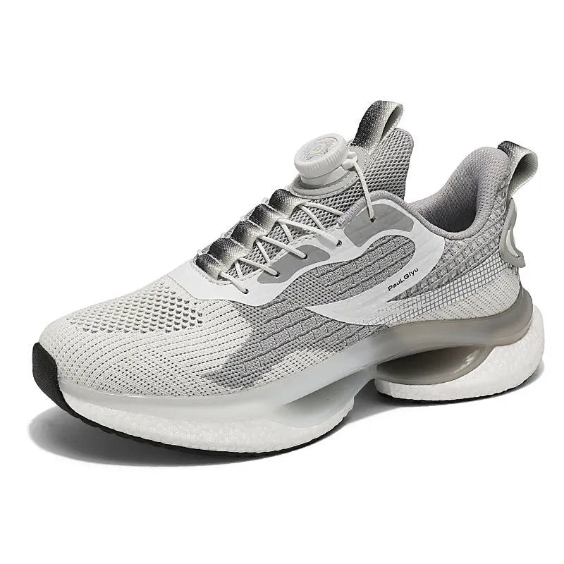 Men's white low-top running shoes with a rotating buckle fastener and breathable mesh upper.
