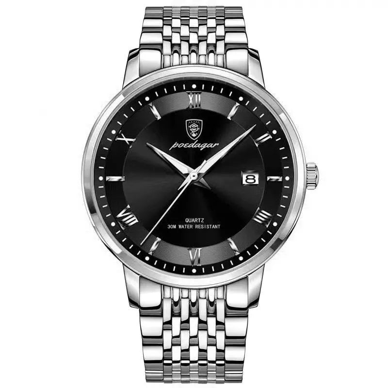 Men's quartz watch with waterproof luminous display and calendar, 41mm precision steel case, mineral reinforced mirror