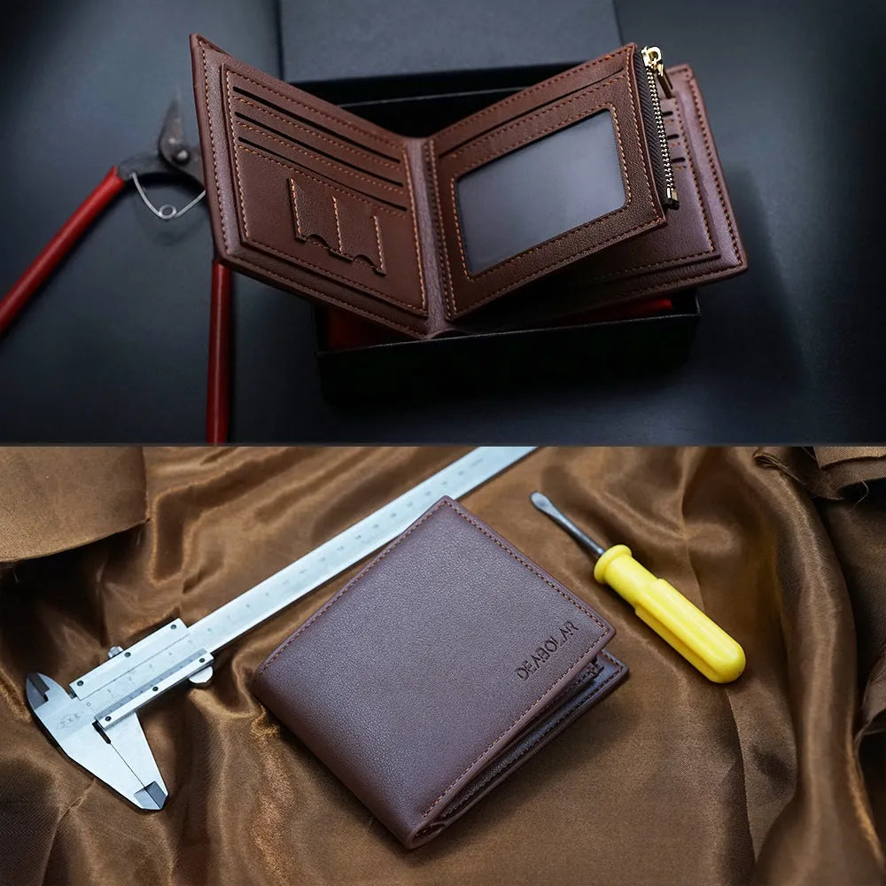 Men's brown leather wallet with a gold zipper closure laid flat.